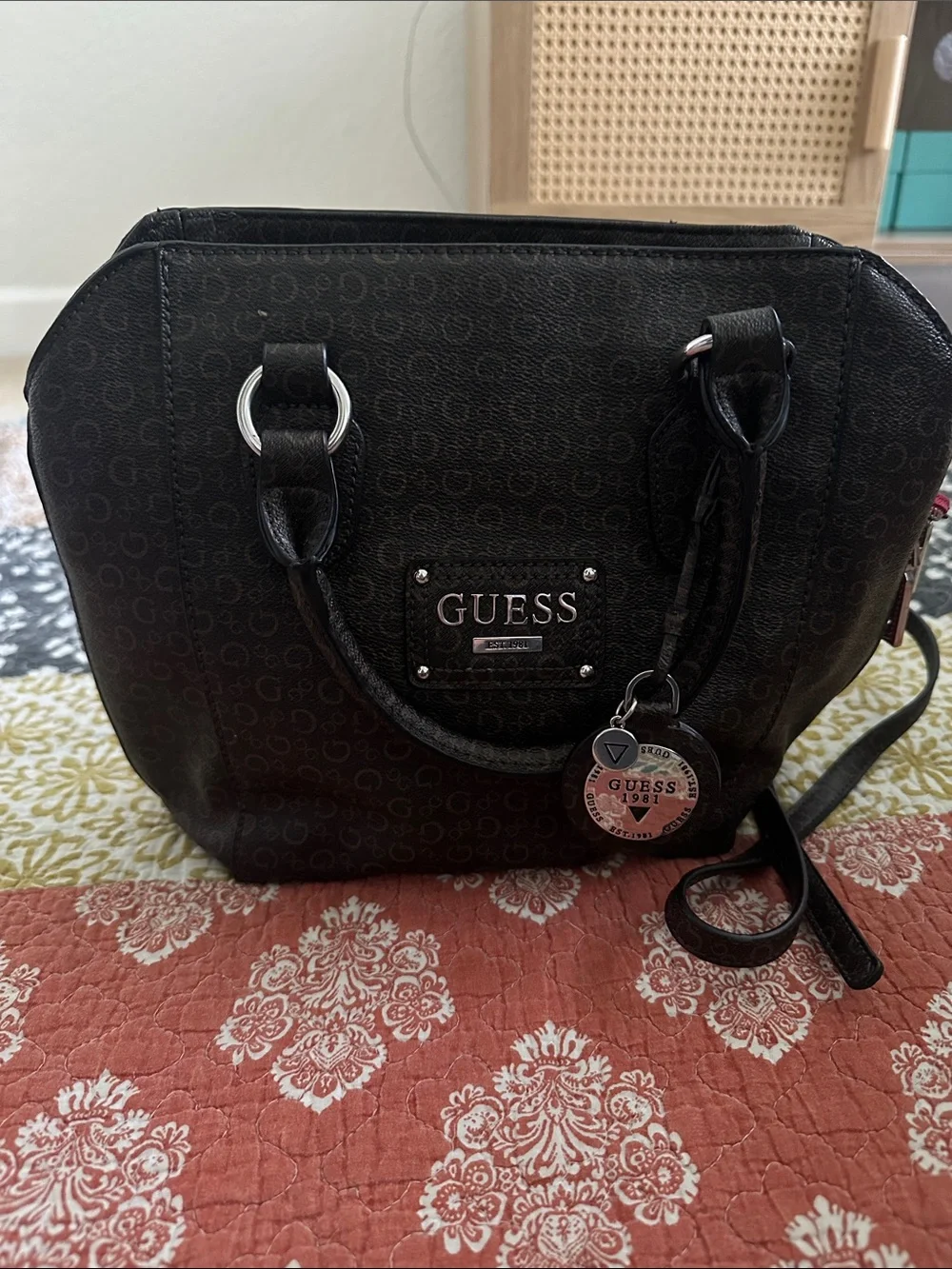 GUESS Black Logo Dome Satchel with Silver Hardware
